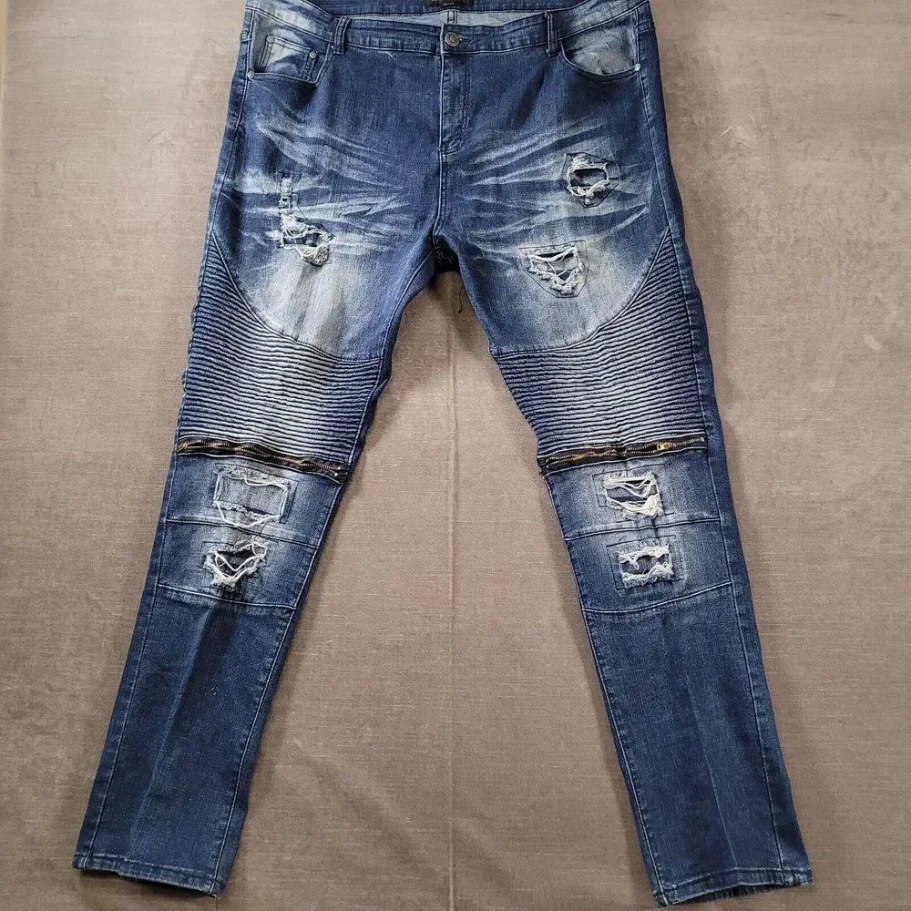 Encrypted Baggy Distressed Zipper Knees‎ Jeans Mens Blue Actual Size 44 x 33